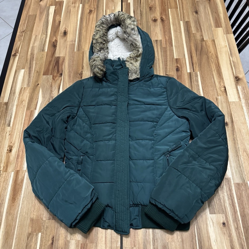 American Eagle Quilted Jacket Womens M Green Faux Fur Hood Full Zip Snap
